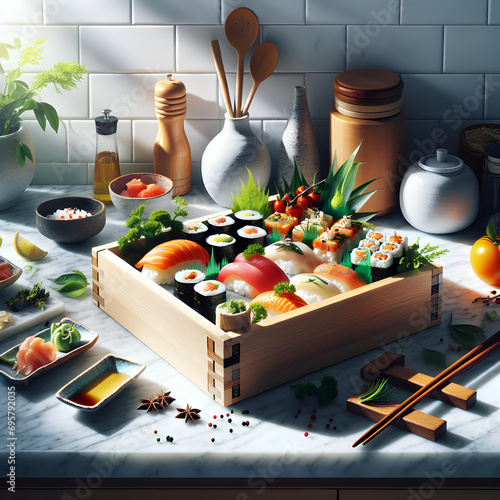 Traditional Osaka Battera Box Sushi on White Marble Counter photo