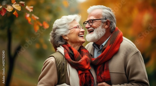 Cute happy senior couple hugging over autumn trees in background.