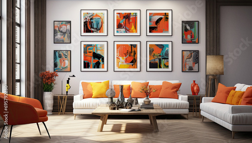 Modern creative living room interior design with sofa and art decorated wall © Stefan
