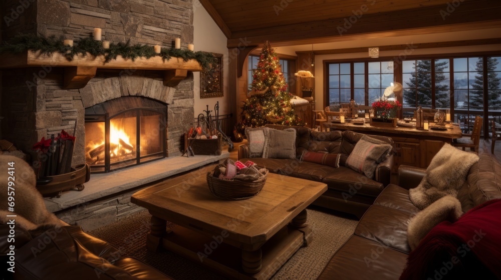 Cozy living room with a crackling fireplace, where family and friends exchange gifts on 3 Kings Day