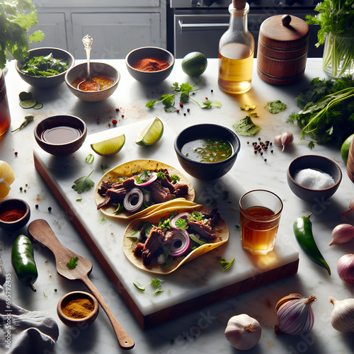 Zacatecas Birria Goat Taco with Consommé on Marble Counter photo