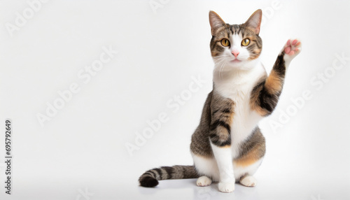 A cat giving high five white background,copy space.Banner,advertisement. © ARVD73