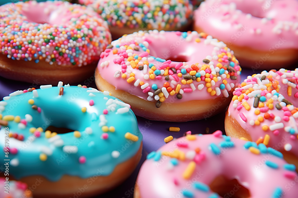Closeup Colorful sweet donuts. Generative AI Closeup Colorful sweet donuts. Generative AI