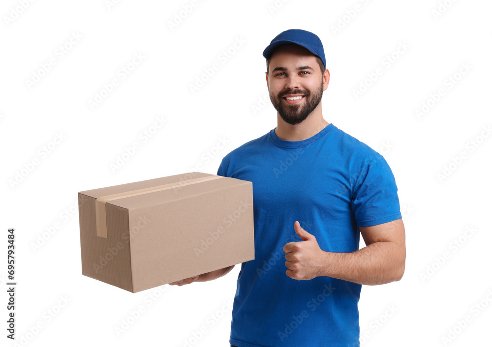 Happy courier with parcel showing thumb up on white background Happy courier with parcel showing thumb up on white background