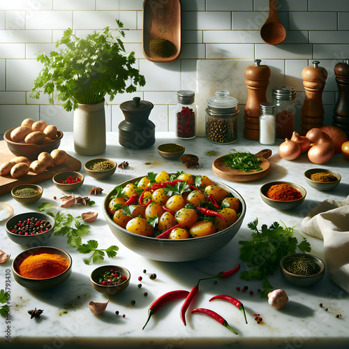 Batata Harra Dish with Herbs on Marble Counter photo