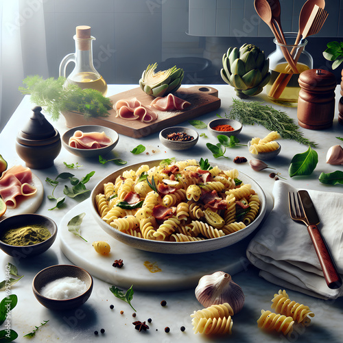 Campanian Fusilli Pasta with Artichokes and Pancetta photo
