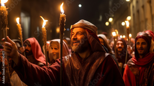 People with candles imitating journey to Bethlehem on the Three Kings Day photo