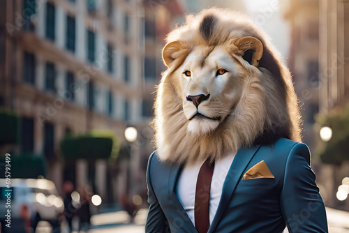 A man with a lion's head, dressed in a suit in a business city. With a serious, defiant attitude.