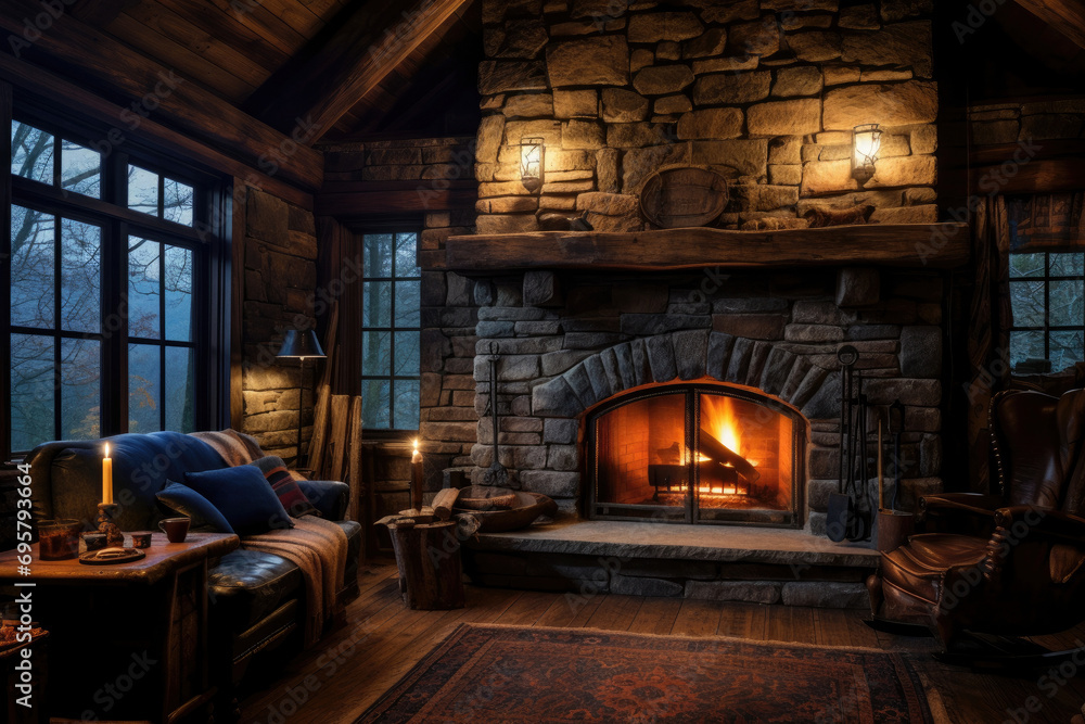 Stone fireplace in comfortable cozy room