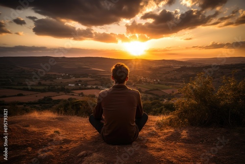 A young European man enjoying a sunset from the top of a hill.