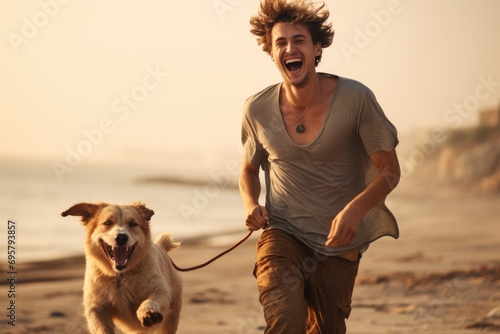 A young European man laughing while walking his dog on a beach. photo