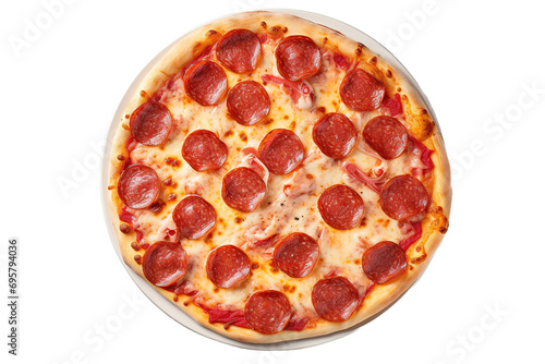 whole Pepperoni pizza on a plate on isolated on transparent background, top view