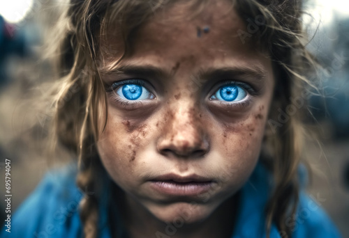 Tra le Lacrime Blu- Ritratto degli Occhi di una Ragazza Necessitata, una Riflessione sulla Povertà, la Guerra e la Disperazione photo