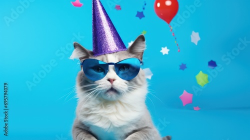 A celebratory card suitable for Happy Birthday, carnival, New Year's Eve, Sylvester, or any festive event, showcasing a cat donning a party hat and sunglasses against a blue background with confetti. © Matthew