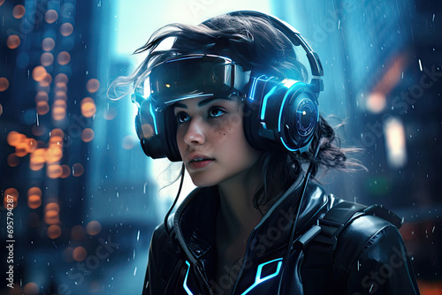 Woman wearing headphones in surreal futuristic world