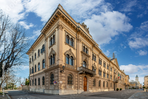 Fototapeta Naklejka Na Ścianę i Meble -  Cuneo, Piedmont, italy - The building Prefecture Cuneo (1882) in street Rome, majestic neoclassical building at the beginning of via Roma