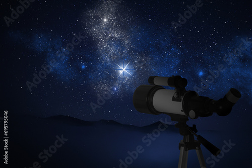 Astronomy. Viewing beautiful starry sky through telescope at night
