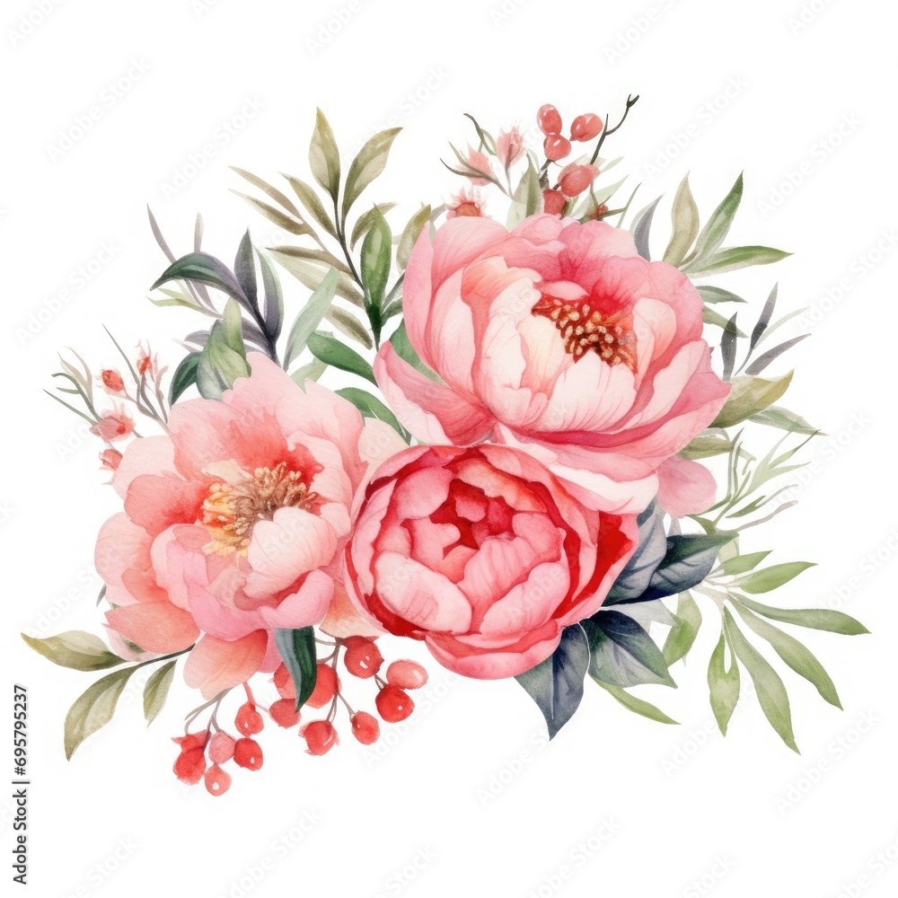 Wedding floral composition. Watercolor peony flowers isolated on white illustration. Generative AI - obrazy, fototapety, plakaty 