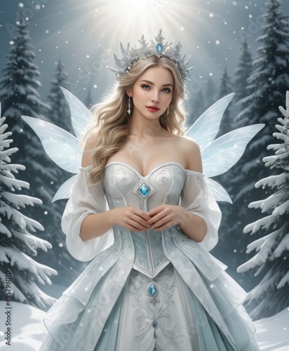  beautiful christmas fairy snowy christmas trees in background, fantasy