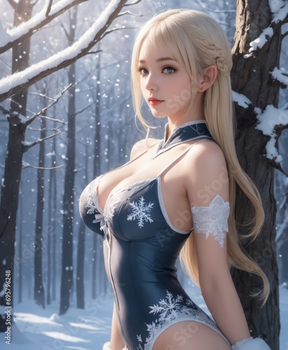 an elf woman in a green and white snow suit, fantasy
