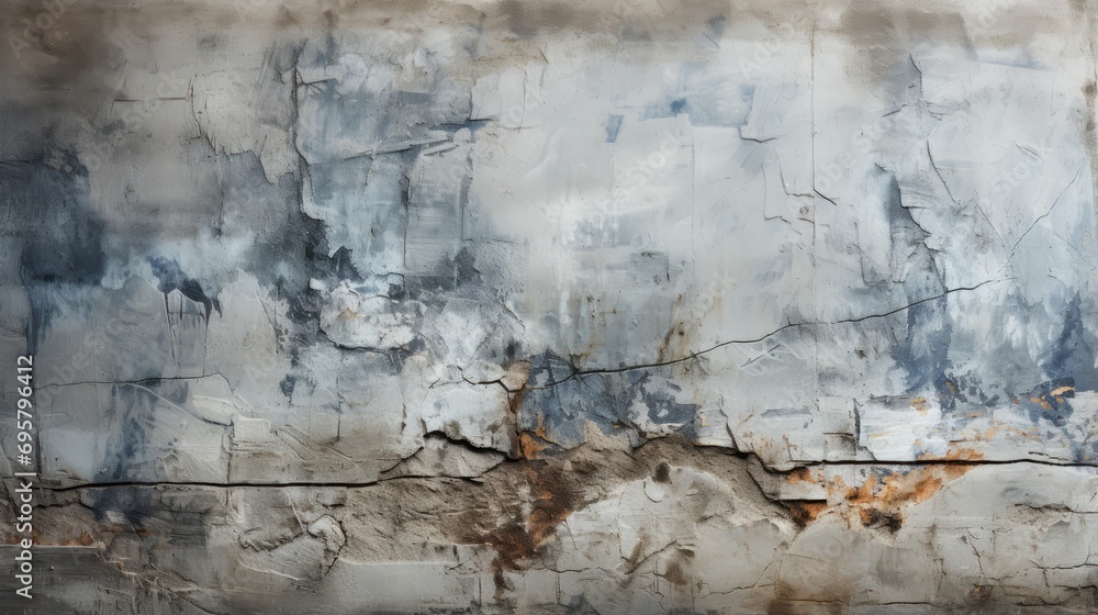 An abstract masterpiece emerges from the cracked concrete wall, as rust stains create a unique blend of art and decay