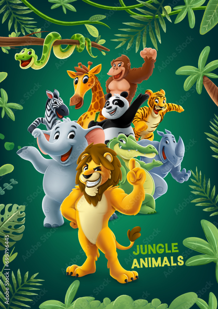 jungle animals illustration with exotic tropical savannah nature lion tiger zebra elephant crocodile gorilla rhinoceros snake panda giraffe gorilla jungle animals illustration with exotic tropical savannah nature lion tiger zebra elephant crocodile gorilla rhinoceros snake panda giraffe gorilla