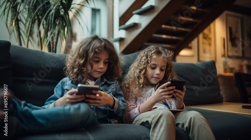 Two children alone with phone at home. Children friends and friendship. Kittle kids with smartphones at home, children using smartphone while sitting on sofa. Portrait of kids playing with smartphones photo