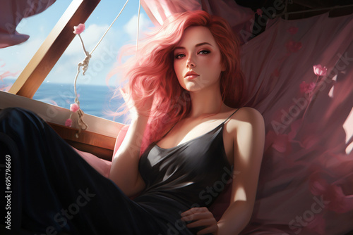 Serene Voyage: The Pink-Haired Siren of the Sea. Generative AI