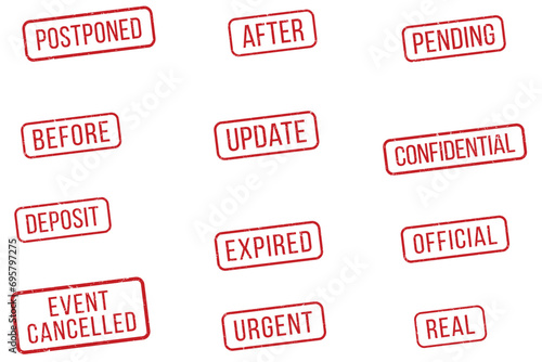 Set of rubber stamps, postponed, after, pending, before, update, confidential, deposit, expired, official, urgent, real, event cancelled