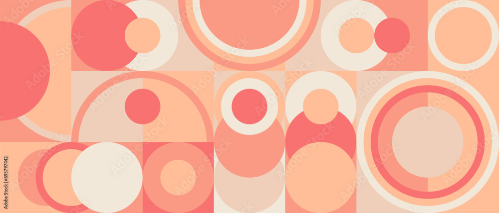 Pink geometric background with circles and squares, Peach Fuzz color background 2024 year. Scandinavian pattern in the style of the 70s and 60s, retro texture in peach and salmon shades. Pink geometric background with circles and squares, Peach Fuzz color background 2024 year. Scandinavian pattern in the style of the 70s and 60s, retro texture in peach and salmon shades.