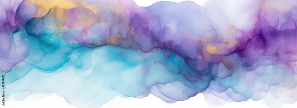 Watercolor brush strokes in shades of violet and teal with hints of gold