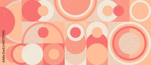 Pink geometric background with circles and squares, Peach Fuzz color background 2024 year. Scandinavian pattern in the style of the 70s and 60s, retro texture in peach and salmon shades.