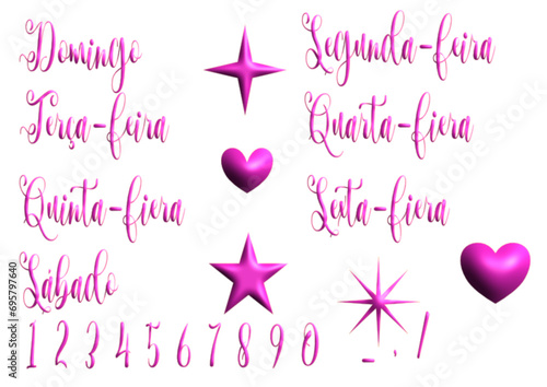 Domingo, segunda, terça, quarta, quinta, sexta fiera, numbers - writen to portoguese - Icons with calendar days Week.. Vector set. Point sticker to decorate diary, scheduler, calendar, planner. Pink