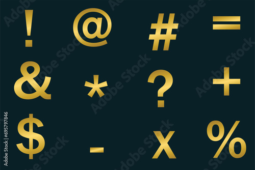Set of golden signs, symbols, keys, marks and gold signs