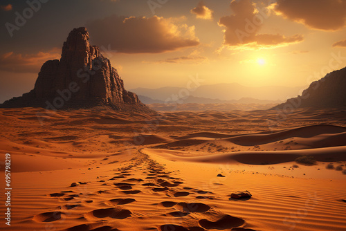 wanderer's footprints on the desert floor, emphasizing the journey and passage of time in a cinematic-style photo