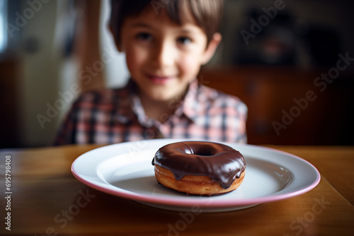 Boy child in front of plate with unhealthy chocolate donut photo