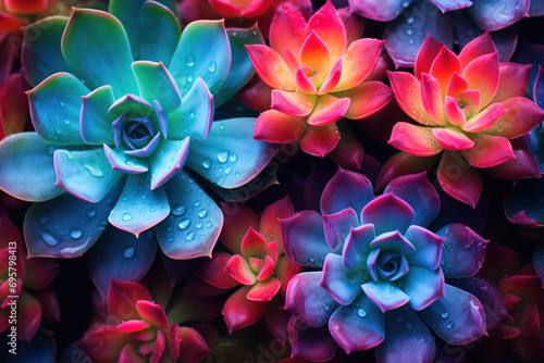 Closeup colourful succulent plants on water drops background. Generative AI