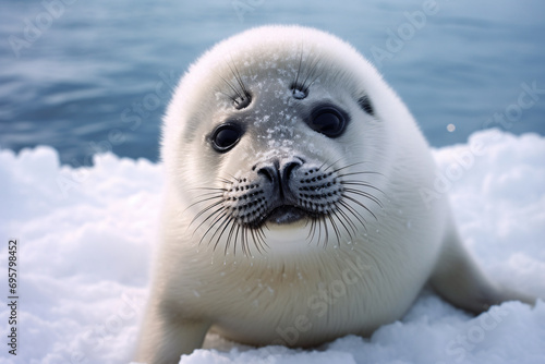 Young seal pup with white fur in snow