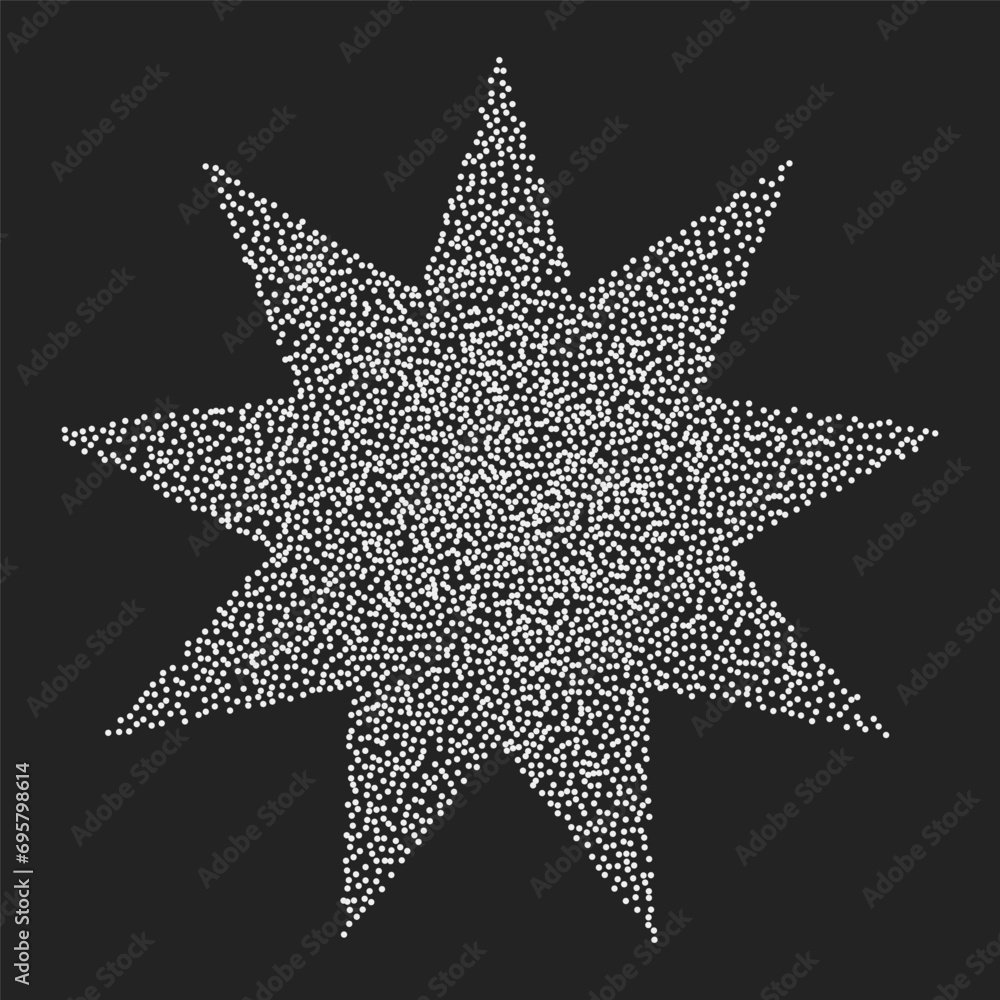 Vintage nine-pointed star made of white dots on a dark background. Vector halftone element, noisy textured geometric shape in stipplism style