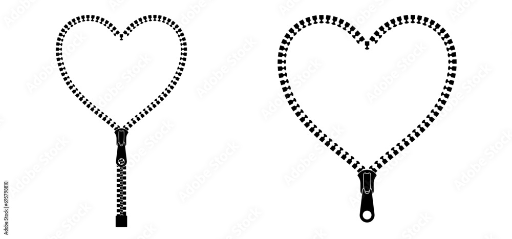 Love, heart zip fastener with zipper puller. Clasp for clothes.  zip or zippers types. For valentine, valentines day. Hearts zipper lock and unlock - obrazy, fototapety, plakaty 