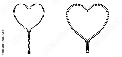 Love, heart zip fastener with zipper puller. Clasp for clothes. zip or zippers types. For valentine, valentines day. Hearts zipper lock and unlock