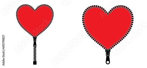 Love, heart zip fastener with zipper puller. Clasp for clothes.  zip or zippers types. For valentine, valentines day. Hearts zipper lock and unlock