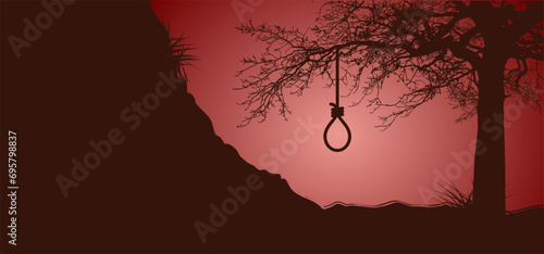 Gallows with rope noose. Line pattern. Rope loop. Gallows hanging noose rope and tied knot. Rope knotted in noose. Hangman knot. Halloween, dead icon. support and depression therapy suicide concept.