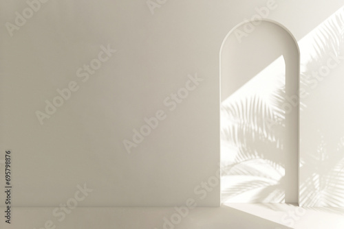 Cream beige wall with debossed arch in sunlight  tropical palm tree shadow for luxury interior design decoration  cosmetic  skincare  beauty  body  hair care  treatment  fashion product background 3D