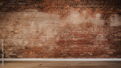 Commercial photography, brick wall background, central big empty space, loft aesthetic, minimal, horizontal composition