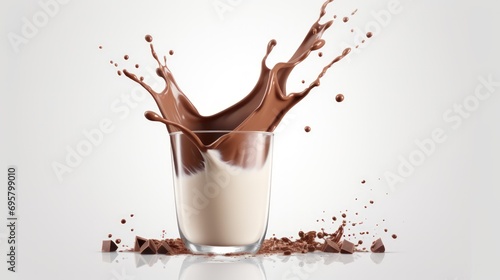 Milk and chocolate splash in a glass on a white background