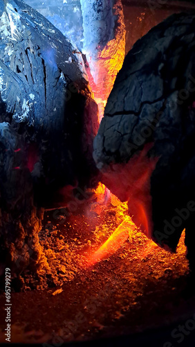Charcoal braai briquettes in fire glowing red hot and creating heat for cooking and warmth