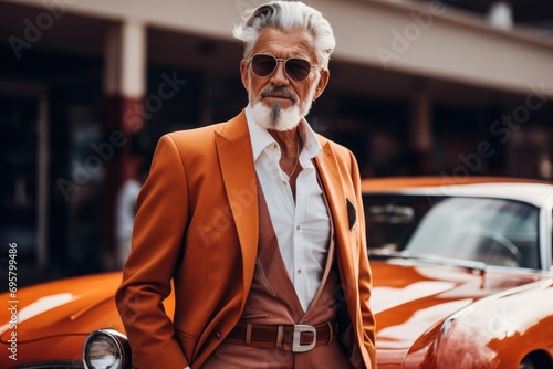 Charismatic senior model posing with classic cars