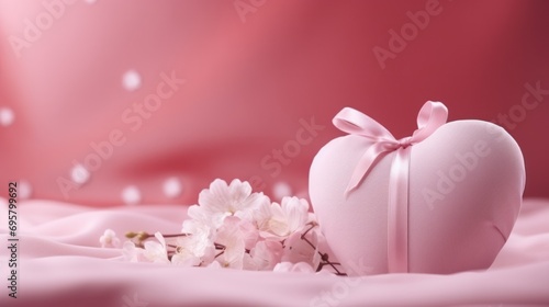 Heart-shaped gift box with flowers on pink fabric. Valentine's Day and romance.