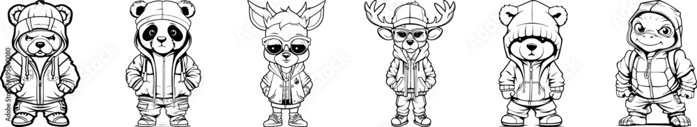 Fototapeta premium Vibrant vector collection of animals sporting hip hop fashion, showcasing cool streetwear styles with dynamic poses and urban flair.